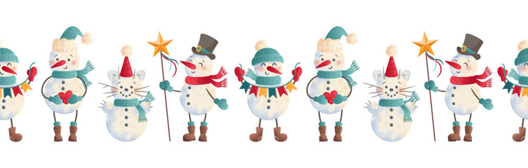 Cheerful Snowmen with colorful scarves and hats Joyfully Celebrating the Joyful Winter Festivities with Friends and Family. A seamless border illustration. Perfect for holiday-themed designs