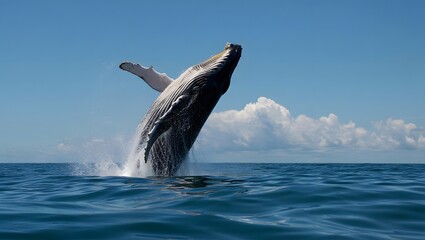 Fototapeta premium Humpback whale breaching ocean surface in clear blue sky marine wildlife photography