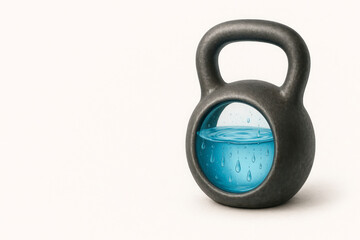 The kettlebell is filled with water with droplets, the concept of strength and resource. Space for text.