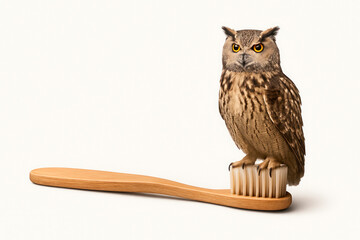 An owl sitting on a wooden toothbrush, an unusual combination of nature and hygiene. Space for text.