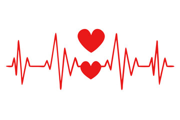 Red heartbeat ekg line with two hearts on black background