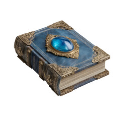 Ornate antique blue spellbook with glowing gem isolated on transparent background