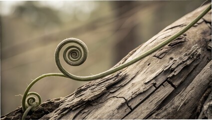 Single tendril spiraling like a coil spring, resting on textured bark cross-section