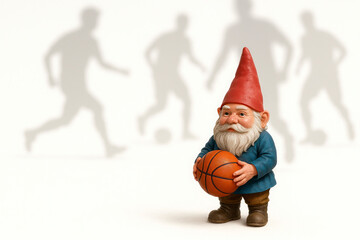 Gnome with a basketball against the background of silhouettes of football players. Space for text.