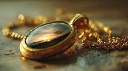 Gold locket with a sunset image.