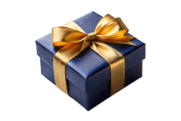 A sophisticated navy blue gift box is adorned with a rich golden ribbon and a perfectly tied bow showcased on a clean transparent