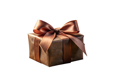 A single square gold gift box adorned with a beautiful satin gold ribbon and a perfectly tied bow isolated on white isolated on