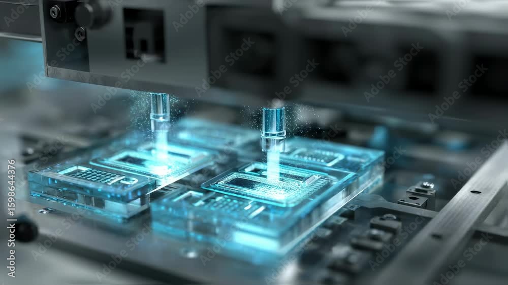 Poster futuristic industrial robot arm using advanced technology to construct microchips on a production li