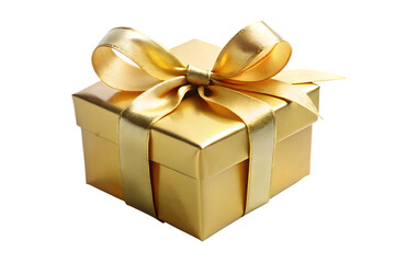 A single square gold gift box adorned with a beautiful satin gold ribbon and a perfectly tied bow isolated on white isolated on