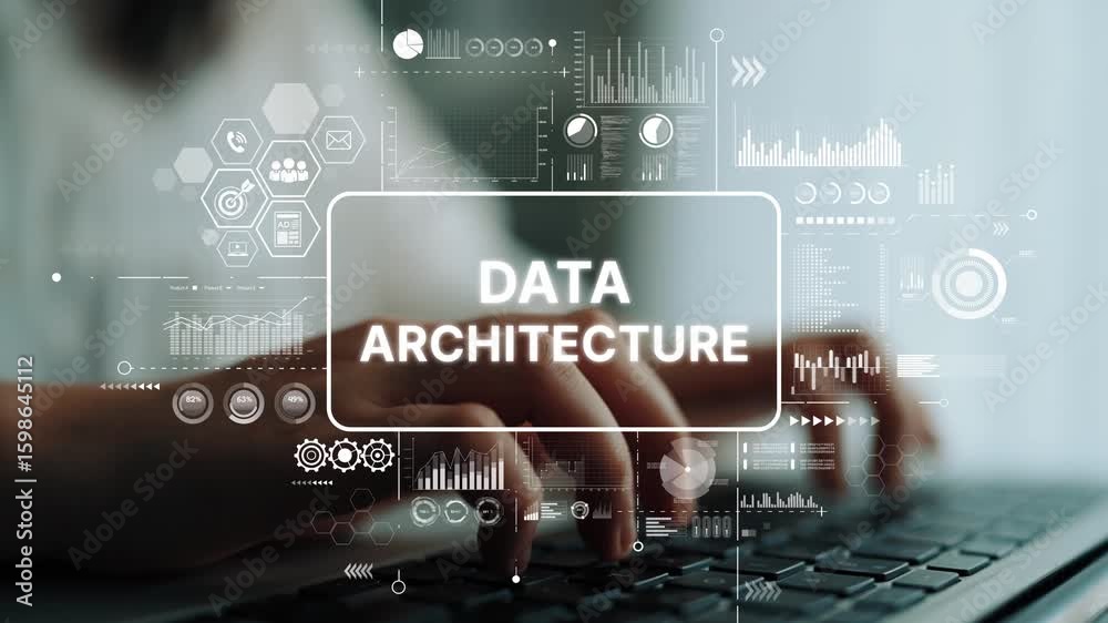Poster hands typing on laptop keyboard with data architecture graphics and charts on screen in modern offic