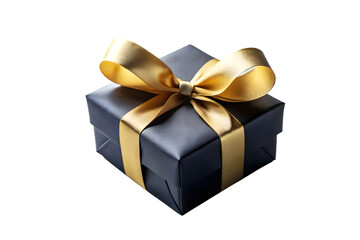 An elegant dark blue gift box with a luxurious gold satin ribbon and bow presented on a clean transparent background