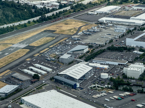 Seattle, Tukwila, King County, WA, USA,  aerial view of buildings of "The Museum of Flight" located at south part of King County International Airport, commonly Boeing Field with part of runway