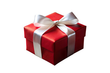 A vibrant red gift box with a smooth white satin ribbon and bow is presented on a stark transparent background