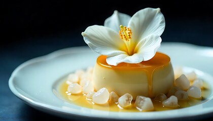 Elegant Caramel-Topped Dessert with Floral Garnish on White Plate