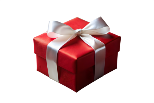 A vibrant red gift box with a smooth white satin ribbon and bow is presented on a stark transparent background