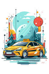 Naklejka premium Vibrant Yellow Taxi in an Abstract Geometric Landscape