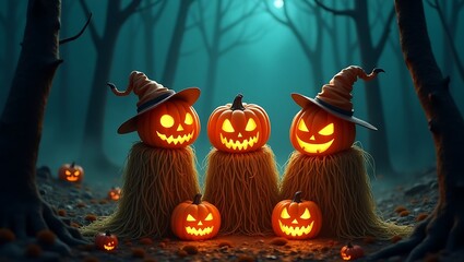 Fototapeta premium Three glowing jack o lanterns with witch hats stand in a spooky forest at night