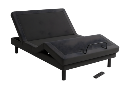 Adjustable black bed base with remote control for customizable comfort.