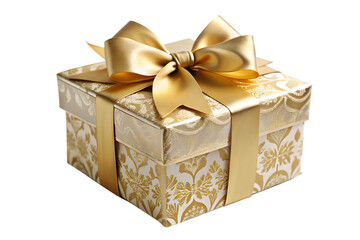 A beautifully wrapped golden gift box with an ornate pattern and a luxurious satin ribbon tied in a perfect bow isolated on a