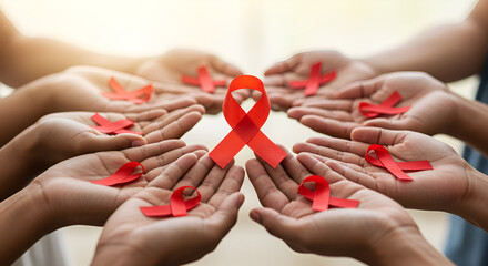 A group of people holding red ribbons, symbolizing support and awareness.