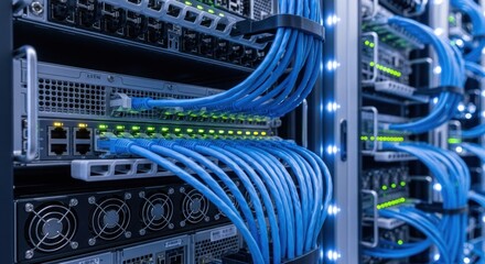 Close-up server rack with blue cables and lit components