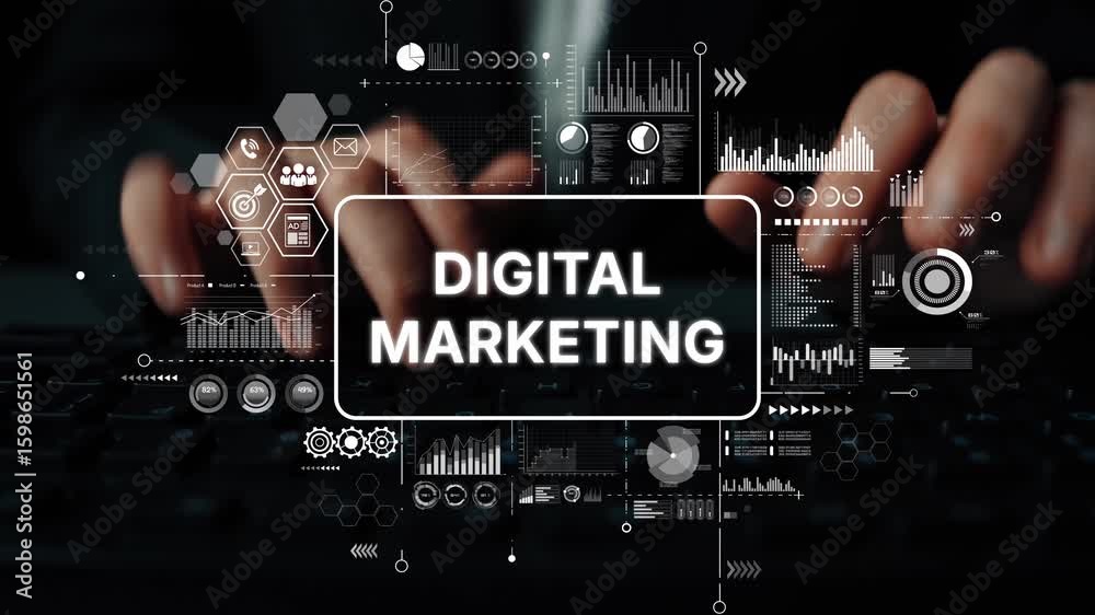 Poster hands typing on keyboard with digital marketing graphics and data visualization elements for online 