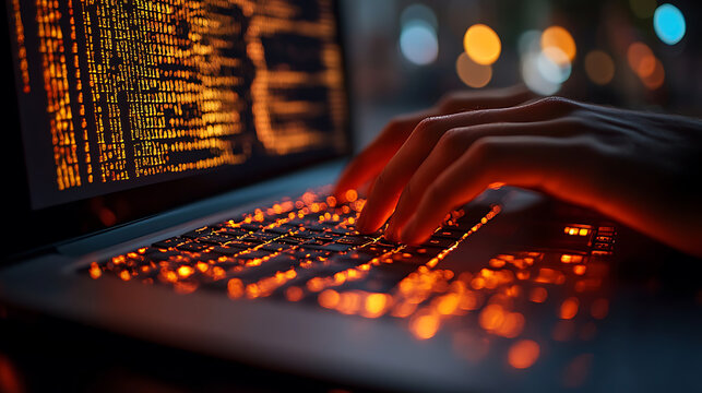 Programmer Typing Code on Laptop at Night - Illuminated Keyboard