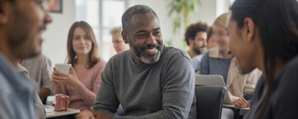Diverse adults attend social skills workshop in bright classroom, engaging in role-playing. Teamwork, communication are key elements of this group activity focused on personal development, learning.