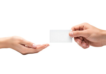 Fototapeta premium Hand giving a blank white business card to another person. Isolated on transparent background, png