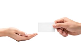 Hand giving a blank white business card to another person. Isolated on transparent background, png