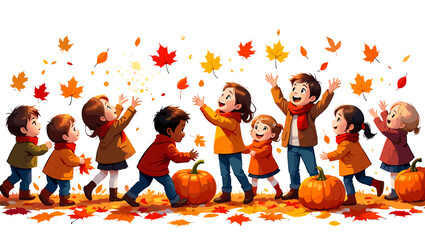Group of children playing with falling autumn leaves and pumpkins in a festive fall scene outdoors