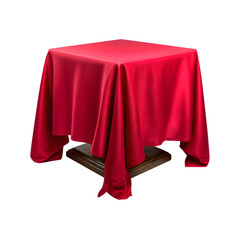 Red velvet tablecloth draped over a square table isolated on transparent background