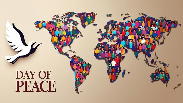 World peace day concept with diverse people forming a map and a dove of peace flying