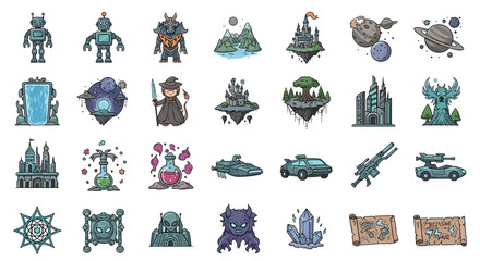 Illustration of fantasy game assets including robots castles potions and various other game elements