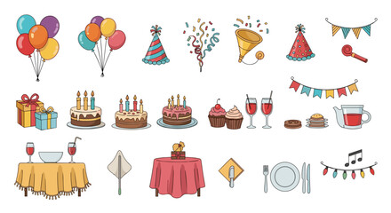 Illustration of various party and birthday related items including cakes balloons and decorations