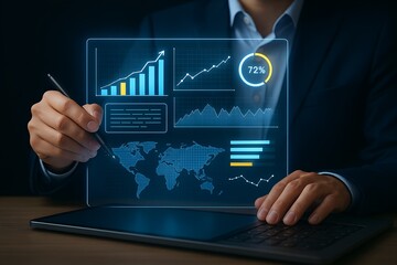 Businessman analyzing global data growth charts and graphs on digital tablet