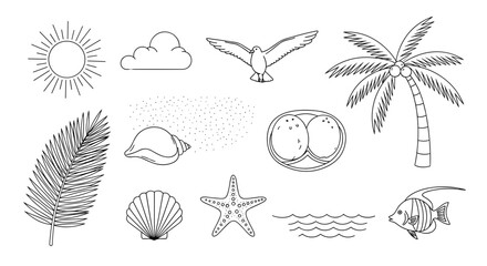 Collection of beach themed line art featuring sun cloud bird palm tree shells starfish and fish design