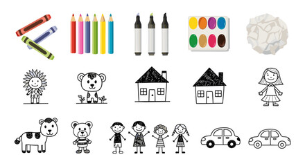 Obraz premium Assortment of art supplies and hand drawn children's drawings on a white background displayed nicely