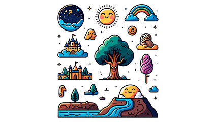 Naklejka premium Cartoon illustration of a whimsical landscape with castles, rainbow, and smiling sun and moon icons