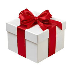 White gift box with red ribbon and bow isolated on transparent background