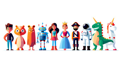 Fototapeta premium A collection of cartoon characters including a boy, animals, robot, princess, pirate and astronaut