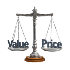 Justice scales balancing value and price isolated on transparent background