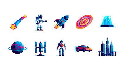 Fototapeta premium Collection of futuristic elements including astronaut rocket car and city skyline in vector format