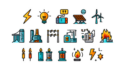 Illustration showing various sources of energy including renewable and non renewable resources and lighting