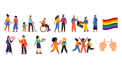 Diverse group of people showing support for equality and inclusion with various symbols of unity shown