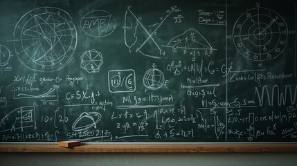 Complex mathematical equations and diagrams fill a chalkboard, showcasing academic learning.