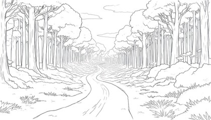 Simple line art illustration of winding path through dense forest. Tall trees line pathway, with foliage, bushes on either side. Monochrome drawing captures sense of journey, exploration through