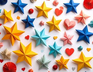 Obraz premium Colorful paper stars and hearts on white background