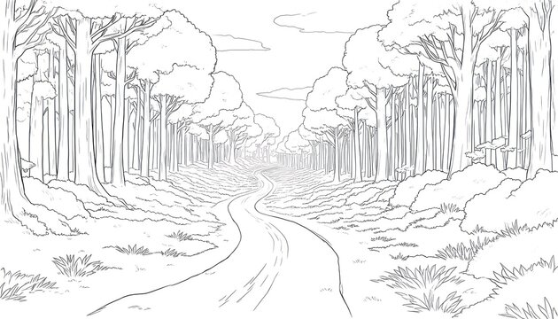 Simple line art illustration of winding path through dense forest. Tall trees line pathway, with foliage, bushes on either side. Monochrome drawing captures sense of journey, exploration through