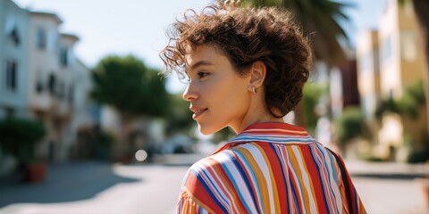 Curly-haired young hispanic woman in colorful striped shirt walking outdoors